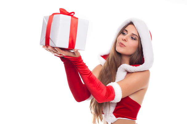 Christmas Santa hat isolated woman portrait hold christmas gift. - Фото, зображення