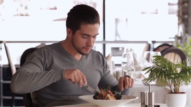 Businessman eat salad in a restaurant - Footage, Video