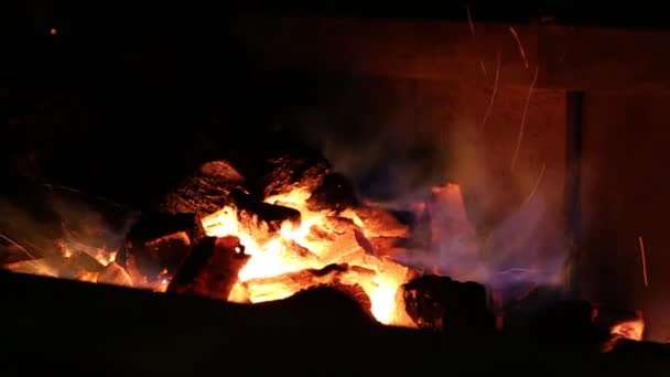 Hot vonken live-kolen branden in een barbecue - Video