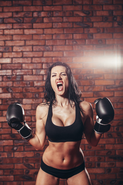 Young sexy girl with boxing gloves, on the background wall of red brick. - Fotografie, Obrázek