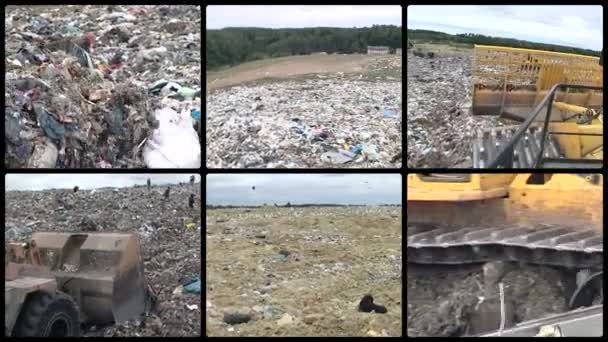 Spezialgeräte arbeiten und arme Menschen auf Müllkippen. Clips-Collage - Filmmaterial, Video
