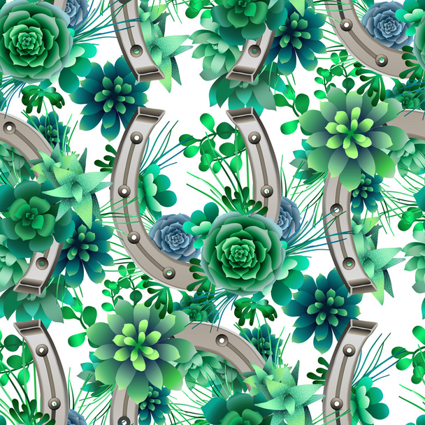 Pattern with horseshoes and succulents - Vector, Image