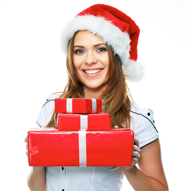 Santa Girl holding red gift boxes - Foto, Imagen