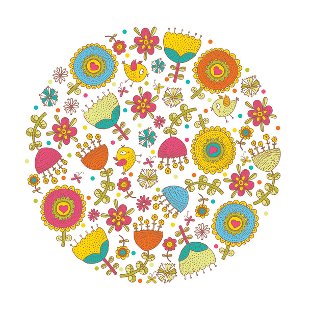 motif with cartoon flowers and birds. - Vector, Image