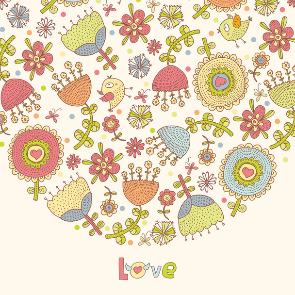 Cute postcard with cartoon flowers and birds - Διάνυσμα, εικόνα