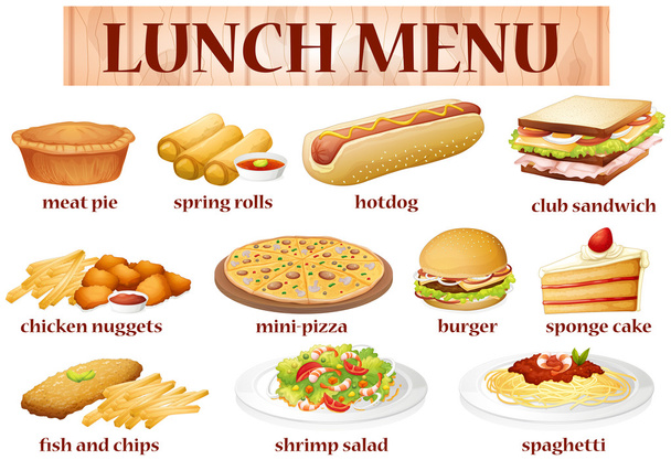 Διάφορα είδη τροφίμων για το μεσημεριανό γεύμα - Διάνυσμα, εικόνα