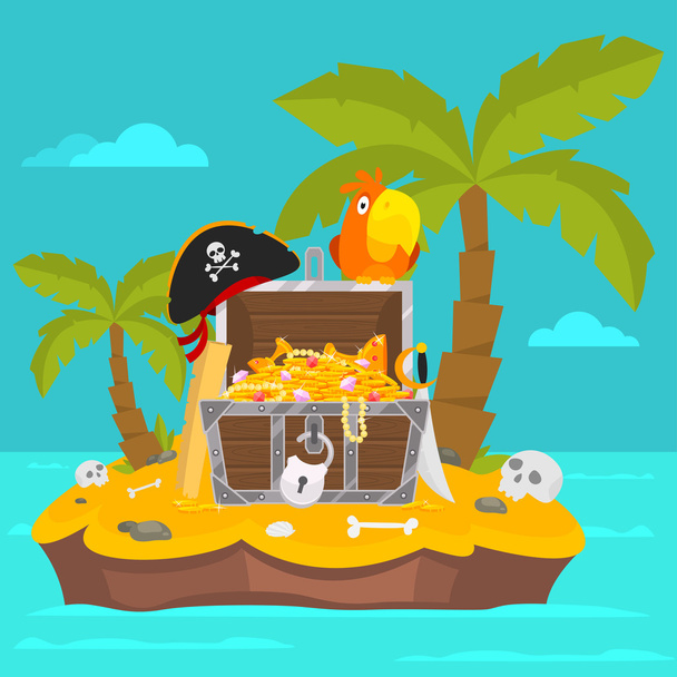 Parrot on island and chest of gold - Vector, Image