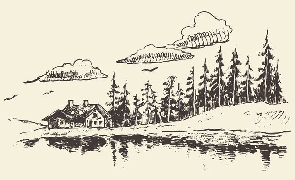 Dom ciągnione jodła Las łąka nieruchomości szkic - Wektor, obraz