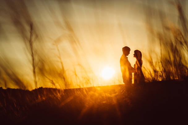 Romantic silhouette couple standing and kissing on background summer meadow sunset - Foto, imagen