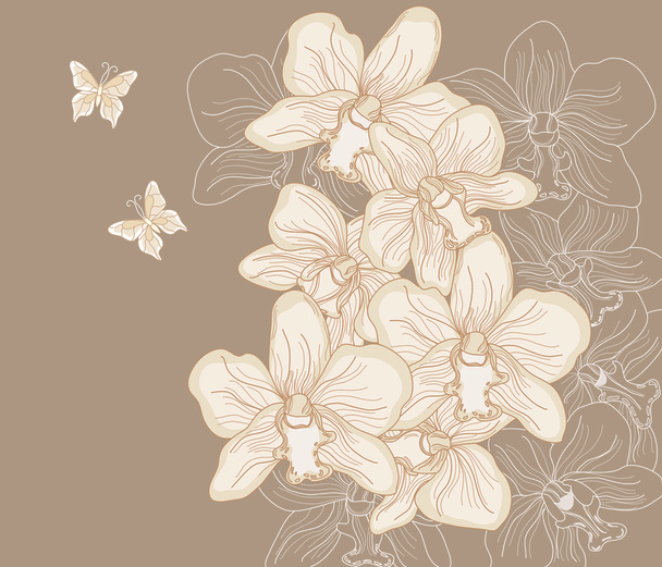 Handgezeichnete Orchideenkomposition auf dunklem Hintergrund - Vektor, Bild