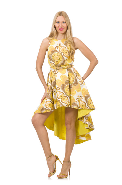 Lady bájos sárga ruha elszigetelt fehér - Fotó, kép
