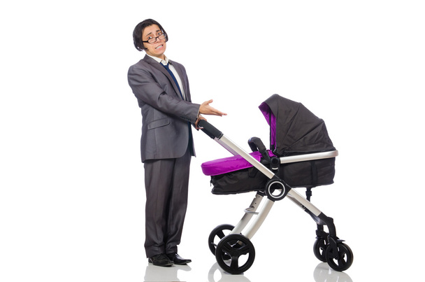 Funny dad with baby and pram on white - Photo, image