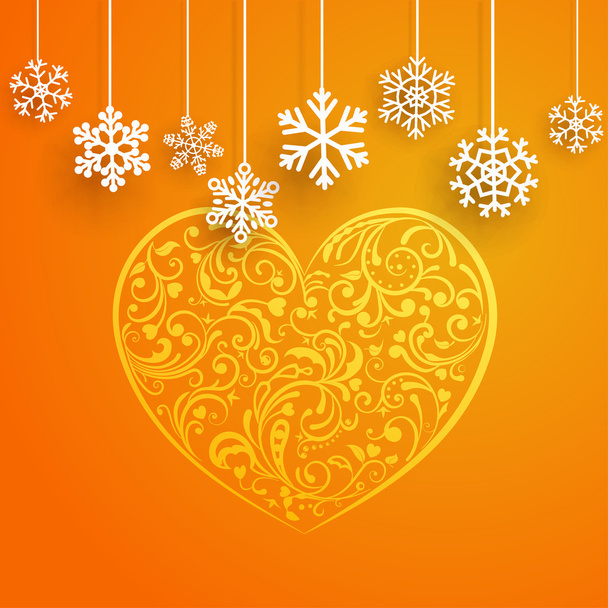 Christmas background with big heart and hanging snowflakes - Vector, Image