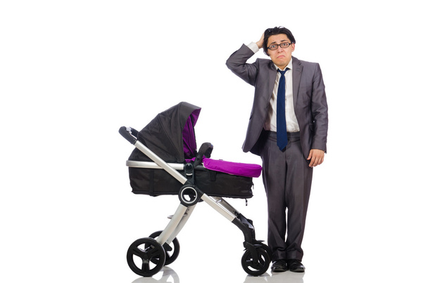 Divertido papá con bebé y cochecito en blanco - Foto, imagen