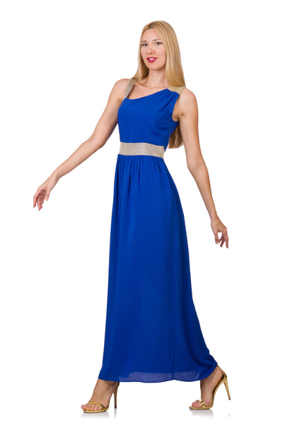 Schöne Frau im langen blauen Kleid isoliert auf weiß - Foto, Bild