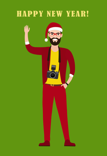 Hipster φωτογράφος, δημοσιογράφος, δημοσιογράφος στην εργασία με την κάμερα στο κόκκινο καπέλο του Άγιου Βασίλη, Χριστουγεννιάτικες στολές. - Διάνυσμα, εικόνα