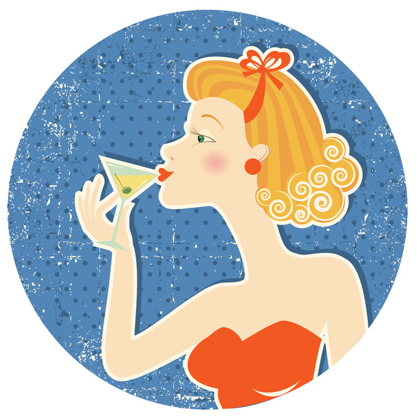 Retro nice woman drink martini on old paper texture - Vector, Imagen