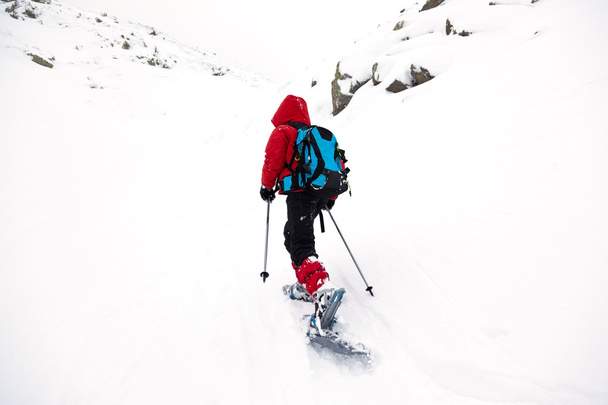 Chico senderismo en montaña con raquetas de nieve
 - Foto, imagen