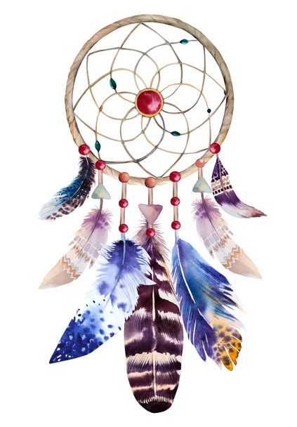 Watercolor dreamcatcher with beads and feathers. Illustration fo - Foto, Imagem