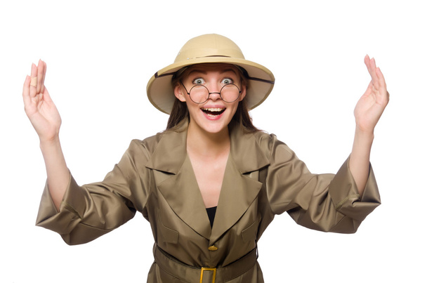 Donna che indossa un cappello safari sul bianco - Foto, immagini