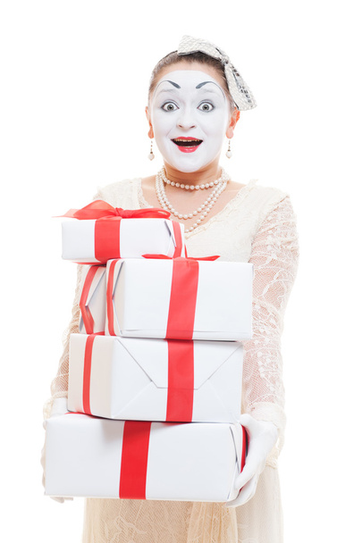 Mime woman holding many boxes of presents - Zdjęcie, obraz