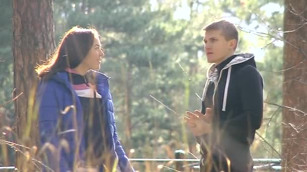 Młody mężczyzna i kobieta rozmawiający w parku. - Materiał filmowy, wideo