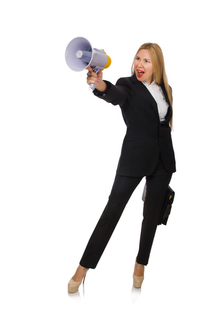 Woman shouting through loudspeaker isolated on white - Photo, Image