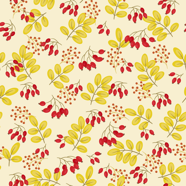 Wild roses, berries and yellow leaves seamless pattern - Wektor, obraz