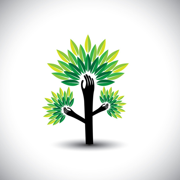 újrahasznosítás, környezetbarát fa kézzel levelekkel, segíti a természet - koncepció v - Vektor, kép