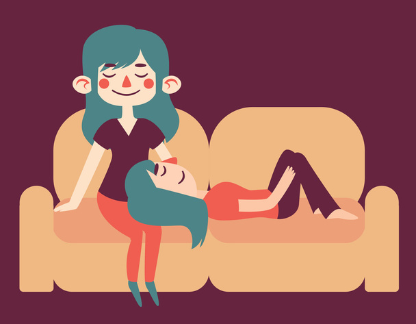 Κορίτσια ζευγάρι χαλαρωτικό στον καναπέ - Διάνυσμα, εικόνα
