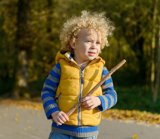 a little blond boy playing with a stick - Foto, Bild