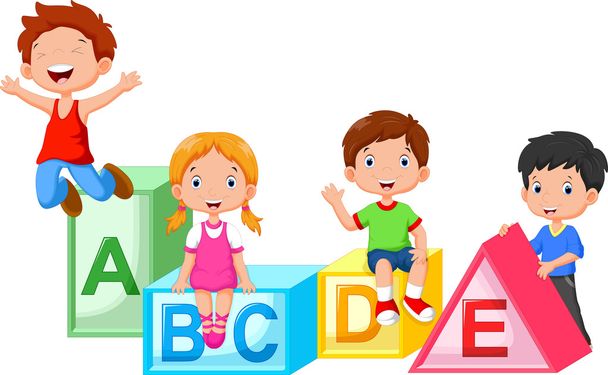 Счастливые школьники играют с алфавитными блоками
 - Вектор,изображение
