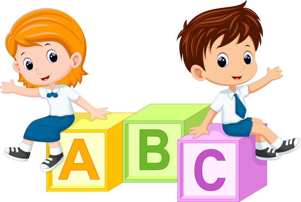 Dos estudiantes sentados en los bloques del alfabeto
 - Vector, Imagen