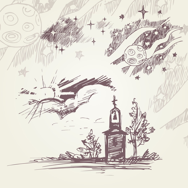 A set of black-and-white line drawings with the church, tree, sky, stars and the cosmos - Vector, Image