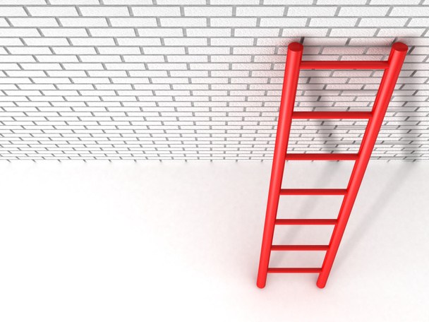 Escalera roja se apoya contra una pared de ladrillo
 - Foto, Imagen