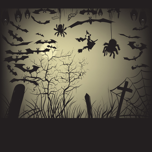 Halloween wiedźma na miotle pływające, sylwetka, ilustracji wektorowych bat, Pająk, web, groby, bat nogami wisi w lot, etykieta drukowanie i biuro ozdoba, rękodzieło, wzór cięcia - Wektor, obraz
