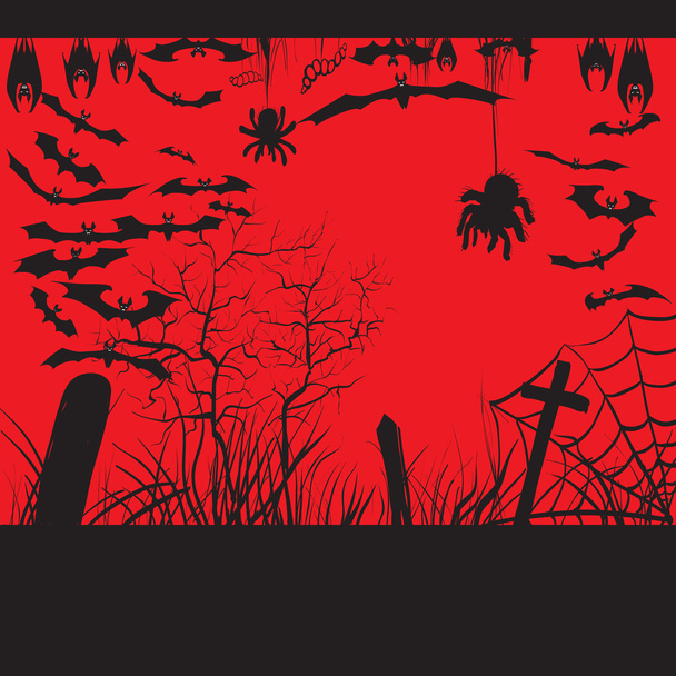 Halloween boszorkány a repülő seprű, silhouette, vektoros illusztráció egy denevér, pók, pókháló, sírok, denevér lóg fejjel lefelé repülés, címke nyomtatás és irodai dekoráció, kézművesség, minta vágás - Vektor, kép