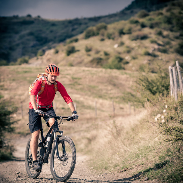 Mountain bike rider on country road, track trail in inspirationa - Photo, Image
