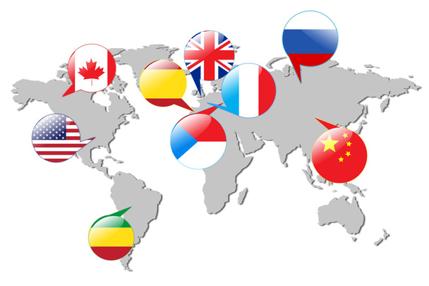Flags of different countries on the white map. - Photo, Image
