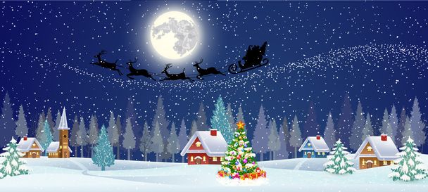arrière-plan avec arbre de Noël et village de nuit
 - Vecteur, image