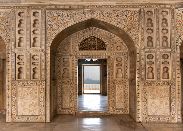 dekorierte Marmorwände rahmen Tor und Tür auf der agra fort Palace i - Foto, Bild