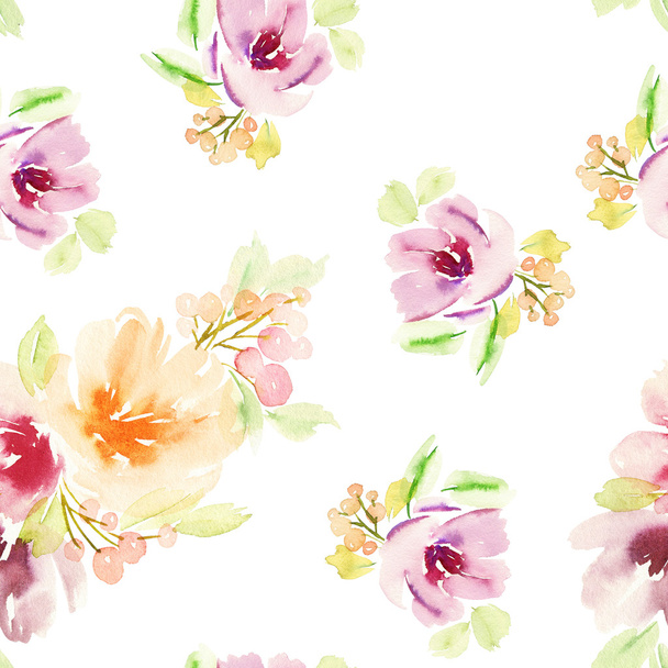 Seamless floral pattern. Watercolor painting. Pastel colors. - Fotoğraf, Görsel