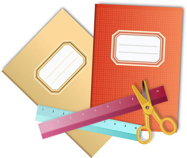 Dos cuadernos escolares de colores con tijeras y reglas
 - Foto, Imagen