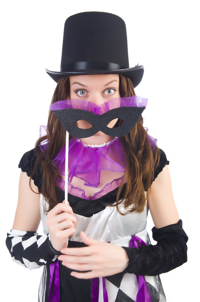 Όμορφο κορίτσι στο jester κοστούμι με μάσκα που απομονώνονται σε λευκό - Φωτογραφία, εικόνα