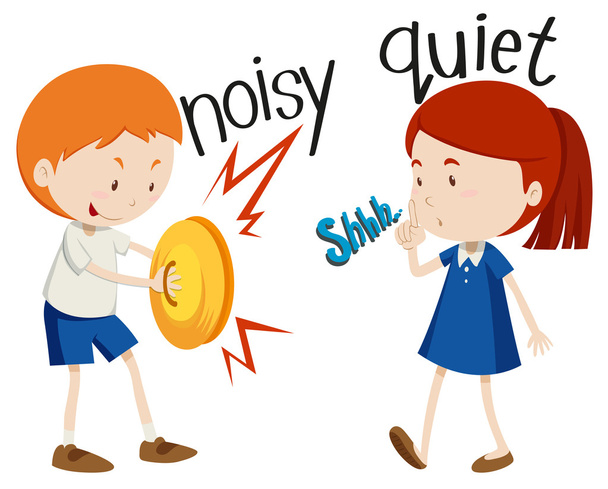 Opposite adjectives noisy and quiet - Vector, Image
