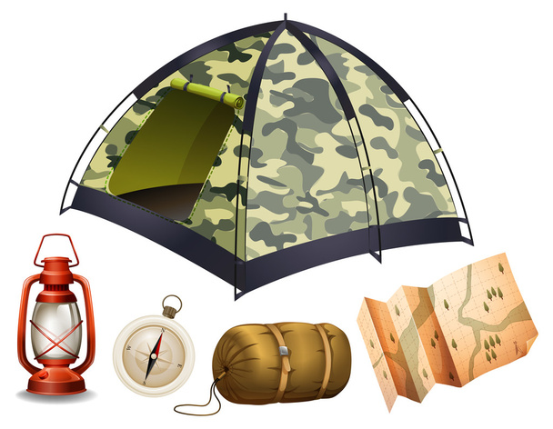 Camping set met tent en andere objecten - Vector, afbeelding