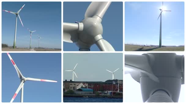 Ветряные мельницы вращаются на ветру. Возобновляемая энергия. Коллаж клипов
. - Кадры, видео
