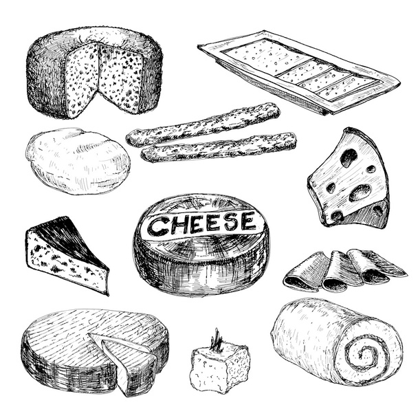 Peynir. Elle çizilmiş koleksiyonu - Vektör, Görsel