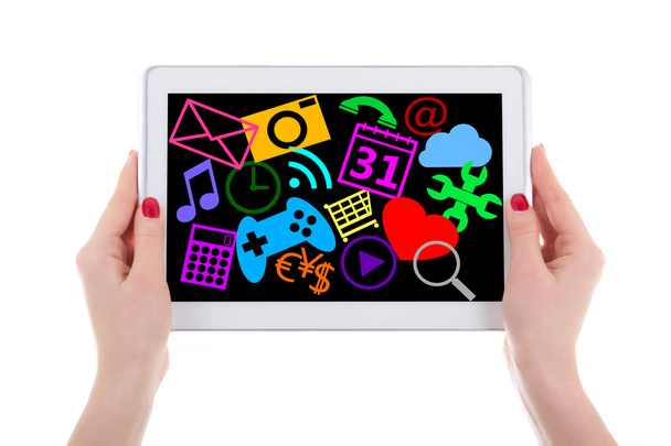 moderní počítač tablet pc s ikony médií a aplikací na obrazovce v - Fotografie, Obrázek