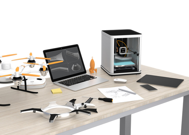 Impressora 3D, laptop, tablet PC e drone em uma mesa
 - Foto, Imagem